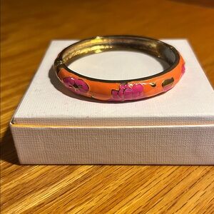Gold plated orange with pink flower enamel hinged bangle bracelet